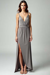 Dreamyannie Grey Spaghetti Straps Sheath Long Formal Dress With Slit