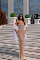 Dreamyannie Halter Neck Beaded Prom Dress Mermaid Sleeveless Formal Dress