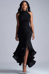Dreamyannie Halter Neck Black Wedding Guest Dress Ruffled Mermaid Long Formal Dress With Slit