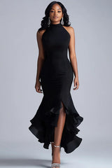 Dreamyannie Halter Neck Black Wedding Guest Dress Ruffled Mermaid Long Formal Dress With Slit