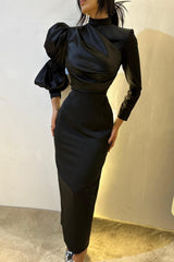 Dreamyannie High Neck Long Sleeve Evening Dress Column Satin Black Formal Dress