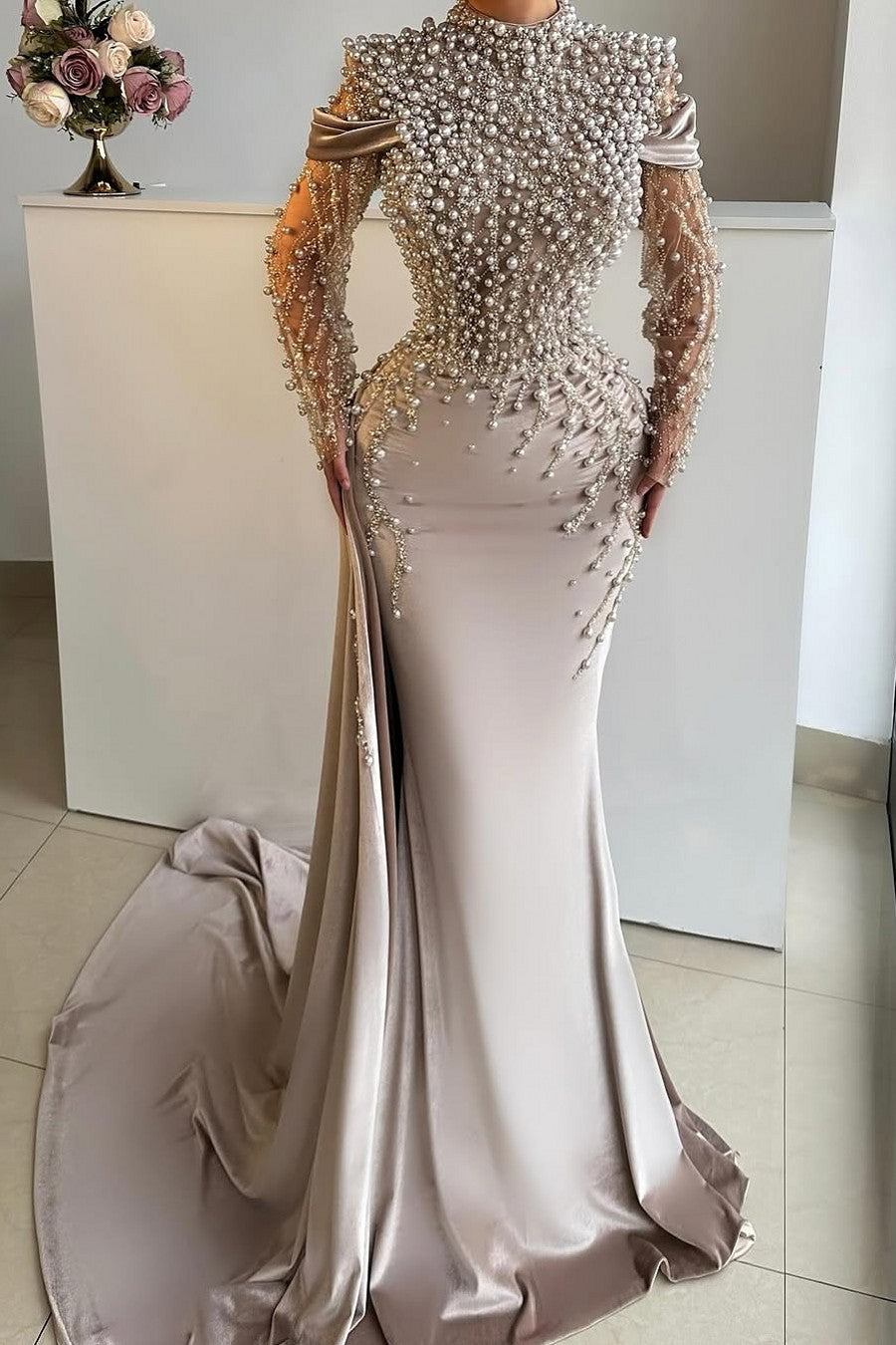 Dreamyannie High Neck Mermaid Silver Prom Dress Beaded Sleeves Satin Formal Dress With Pearls