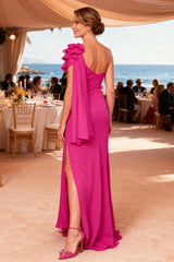 Dreamyannie Hot Pink Chiffon One Shoulder Floor Length Mother Of The Bride Dress With Ruffles