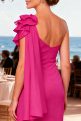 Dreamyannie Hot Pink Chiffon One Shoulder Floor Length Mother Of The Bride Dress With Ruffles