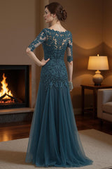 Dreamyannie Ink Blue Lace V Neck Mermaid Floor Length Mother Of The Bride Dress