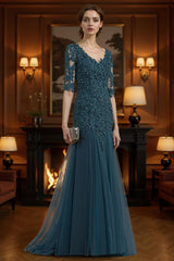 Dreamyannie Ink Blue Lace V Neck Mermaid Floor Length Mother Of The Bride Dress