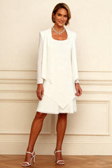 Dreamyannie Ink Blue Scoop Neck Chiffon Knee Length 2 Piece Mother Of The Bride Dress With Jacket