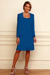 Dreamyannie Ink Blue Scoop Neck Chiffon Knee Length 2 Piece Mother Of The Bride Dress With Jacket