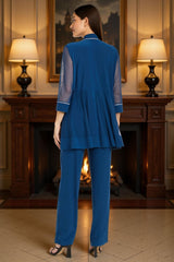 Dreamyannie Ink Blue Tulle Beaded 3/4 Sleeves 3 Piece Mother Of The Bride Pant Suits With Jacket