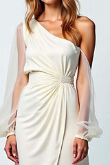 Dreamyannie Ivory One Shoulder Long Formal Dress With Long Sleeves