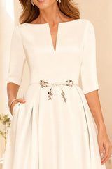 Dreamyannie Ivory Satin A Line Tea Length Mother Of The Bride Dress With Sleeves