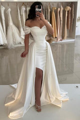 Dreamyannie Ivory Wedding Dress A Line Sweetheart Off The Shoulder Sleeveless Simple Satin Formal Dress