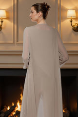 Dreamyannie Khaki Boat Neck Chiffon 3 Piece Mother Of The Bride Pant Suits With Jacket
