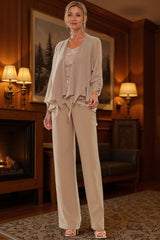 Dreamyannie Khaki Chiffon Scoop Neck 3 Piece Mother Of The Bride Pant Suits With Jacket