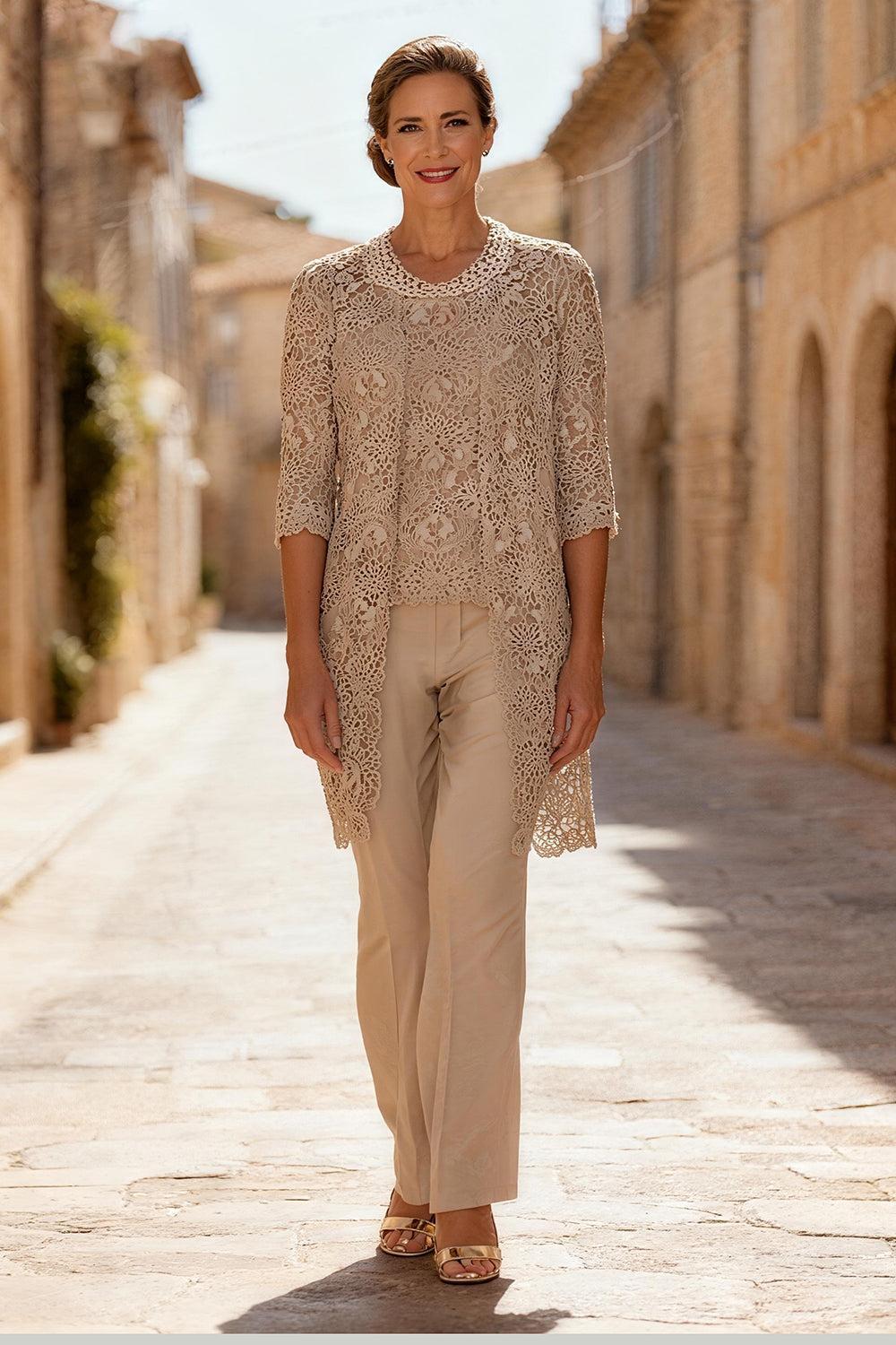 Dreamyannie Khaki Round Neck Lace 3 Piece Mother Of The Bride Pant Suits With Jacket