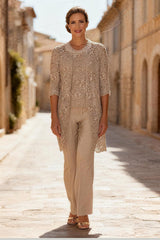 Dreamyannie Khaki Round Neck Lace 3 Piece Mother Of The Bride Pant Suits With Jacket