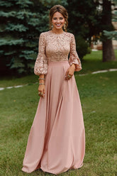 Dreamyannie Lace Dusty Rose Puff Sleeves A Line Floor Length Mother Of The Bride Dress