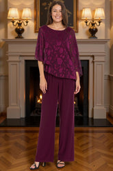 Dreamyannie Lace Floral Grape Tiered 2 Piece Mother Of The Bride Pant Suits