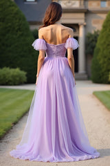 Dreamyannie Lace Lilac Off The Shoulder Long Formal Dress With Ruffles
