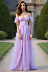 Dreamyannie Lace Lilac Off The Shoulder Long Formal Dress With Ruffles