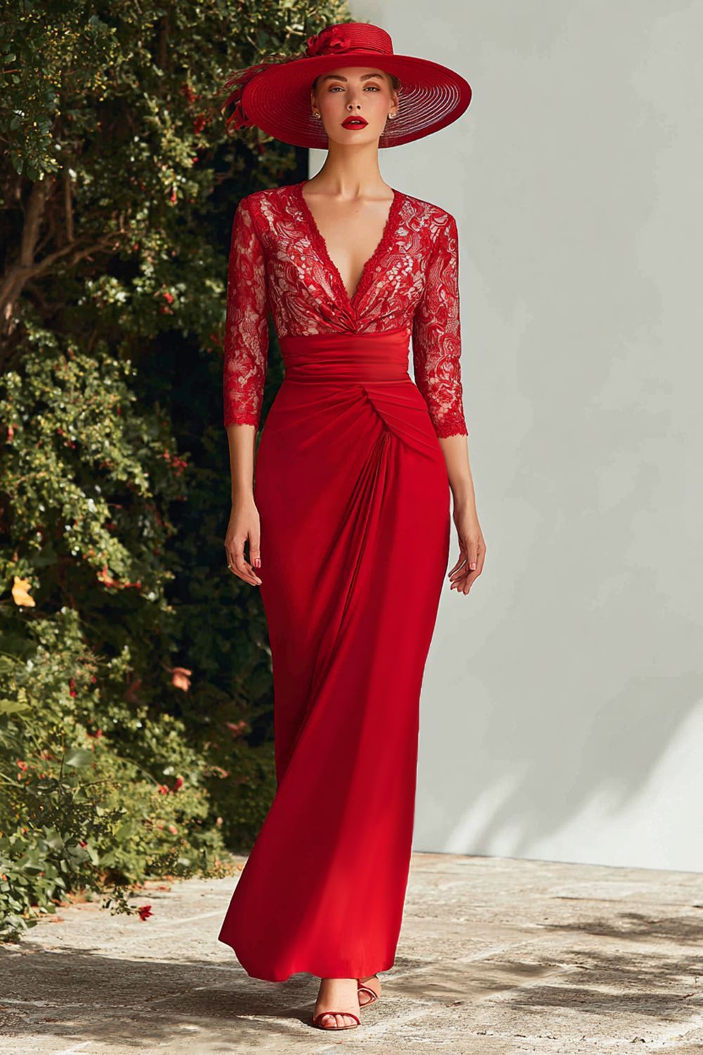 Dreamyannie Lace Red V Neck Mermaid Long Mother Of The Bride Dress With Sleeves