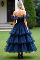 Dreamyannie Lace Tulle Navy Wedding Guest Dress A Line Tea-Length Formal Dress With Ruffles