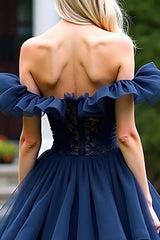 Dreamyannie Lace Tulle Navy Wedding Guest Dress A Line Tea-Length Formal Dress With Ruffles