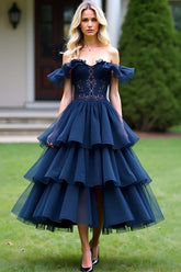 Dreamyannie Lace Tulle Navy Wedding Guest Dress A Line Tea-Length Formal Dress With Ruffles