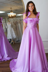 Dreamyannie Lavender Prom Dress Square Neck A Line Formal Dress With Ruffled Sleeves