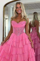 Dreamyannie Layered Ruffle A-Line Prom Dress With Embellished Lace Bodice And Leg Slit Formal Evening Gown