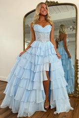 Dreamyannie Layered Ruffle A-Line Prom Dress With Embellished Lace Bodice And Leg Slit Formal Evening Gown