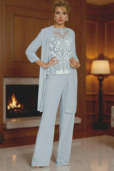 Dreamyannie Light Blue Bateau Neck Chiffon 3 Piece Mother Of The Bride Pant Suits With Jacket