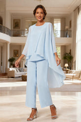 Dreamyannie Light Blue Chiffon Boat Neck 3 Piece Mother Of The Bride Pant Suits With Jacket