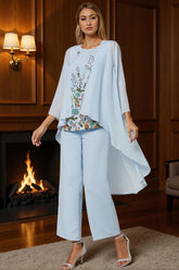 Dreamyannie Light Blue Floral Round Neck Chiffon 3 Piece Mother Of The Bride Pant Suits With Sleeves