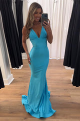 Dreamyannie Light Blue Prom Dress Mermaid Deep V-Neck Backless Long Formal Dress