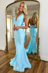Dreamyannie Light Blue Prom Dress Mermaid Deep V-Neck Backless Long Formal Dress
