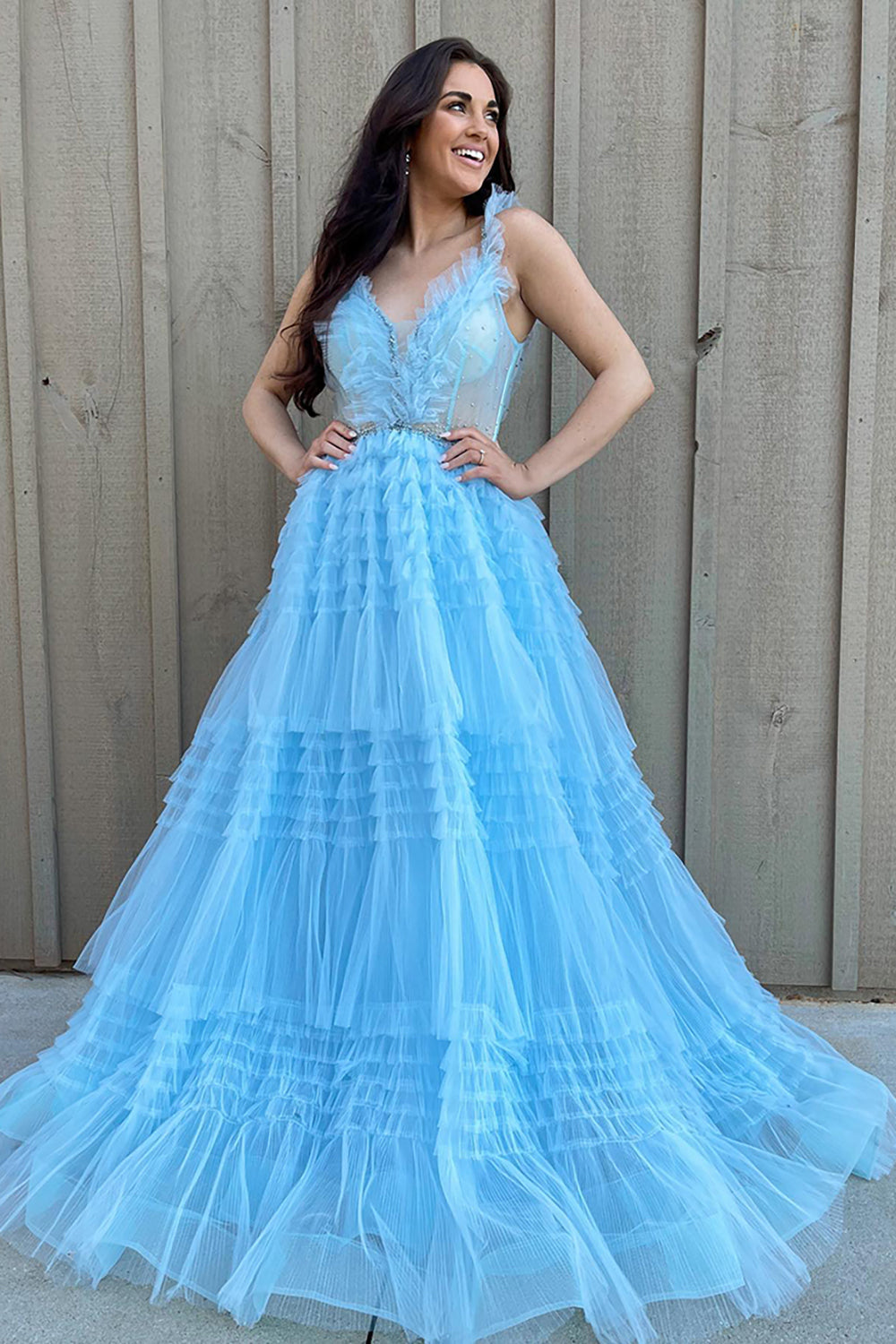 Dreamyannie Light Blue Prom Dress Ruffled V-Neck Tulle A Line Long Evening Dress