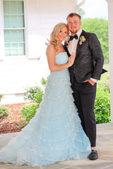 Dreamyannie Light Blue Prom Dress Strapless Ruffled Long Evening Dress With Slit