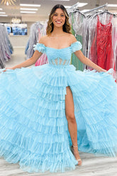 Dreamyannie Light Blue Prom Dress Tulle A-Line Off The Shoulder Long Evening Dress With Slit