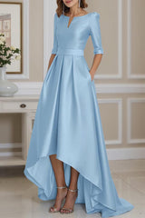 Dreamyannie Light Blue Satin A Line High Low Mother Of The Bride Dress With Sleeves