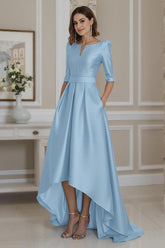 Dreamyannie Light Blue Satin A Line High Low Mother Of The Bride Dress With Sleeves