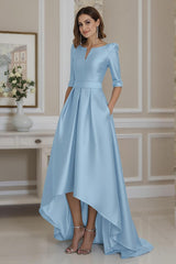 Dreamyannie Light Blue Satin A Line High Low Mother Of The Bride Dress With Sleeves