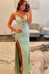 Dreamyannie Light Green Prom Dress Beaded Spaghetti Straps Formal Dress With Slit