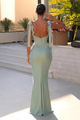 Dreamyannie Light Green Prom Dress Column V Neck Beaded Spaghetti Strap Sleeveless Satin Formal Dress