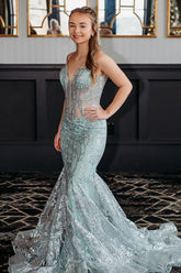 Dreamyannie Light Green Prom Dress V-Neck Mermaid Tulle Evening Dress