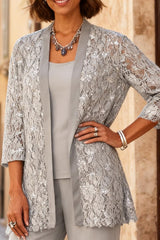 Dreamyannie Light Grey Chiffon Round Neck 3 Piece Mother Of The Bride Pant Suits With Jacket