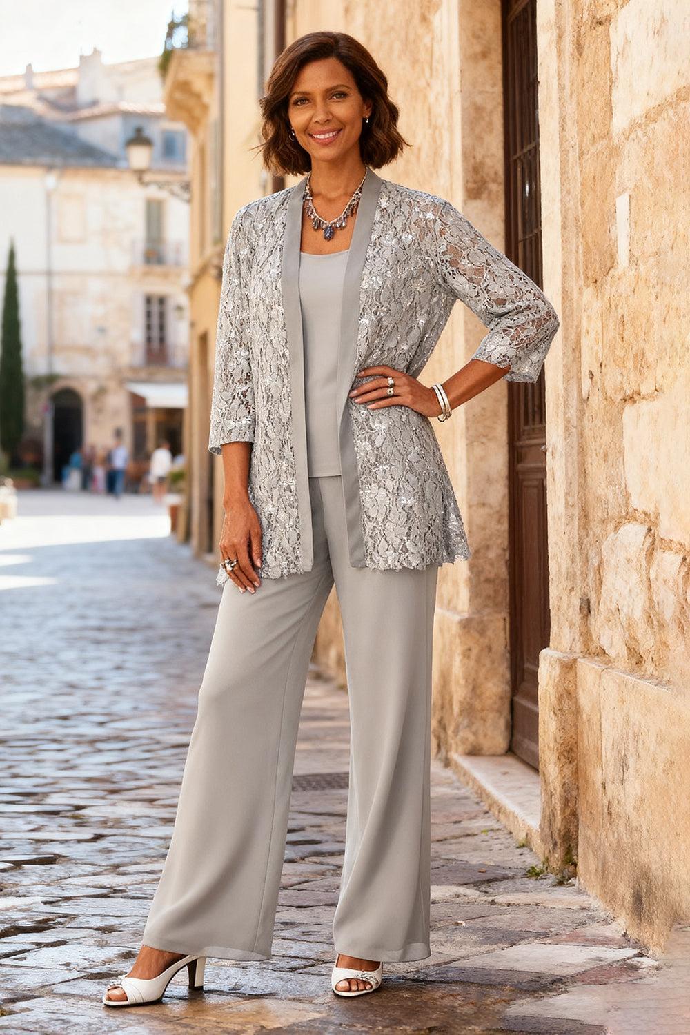 Dreamyannie Light Grey Chiffon Round Neck 3 Piece Mother Of The Bride Pant Suits With Jacket