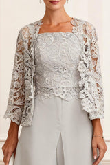 Dreamyannie Light Grey Chiffon Square Neck 3 Piece Mother Of The Bride Pant Suits With Jacket