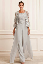 Dreamyannie Light Grey Chiffon Square Neck 3 Piece Mother Of The Bride Pant Suits With Jacket