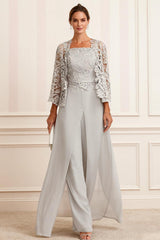 Dreamyannie Light Grey Chiffon Square Neck 3 Piece Mother Of The Bride Pant Suits With Jacket